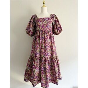 Kachel Purple Floral Puff Sleeve Smocked Tiered Midi Dress Sz 8 NWOT Cottage